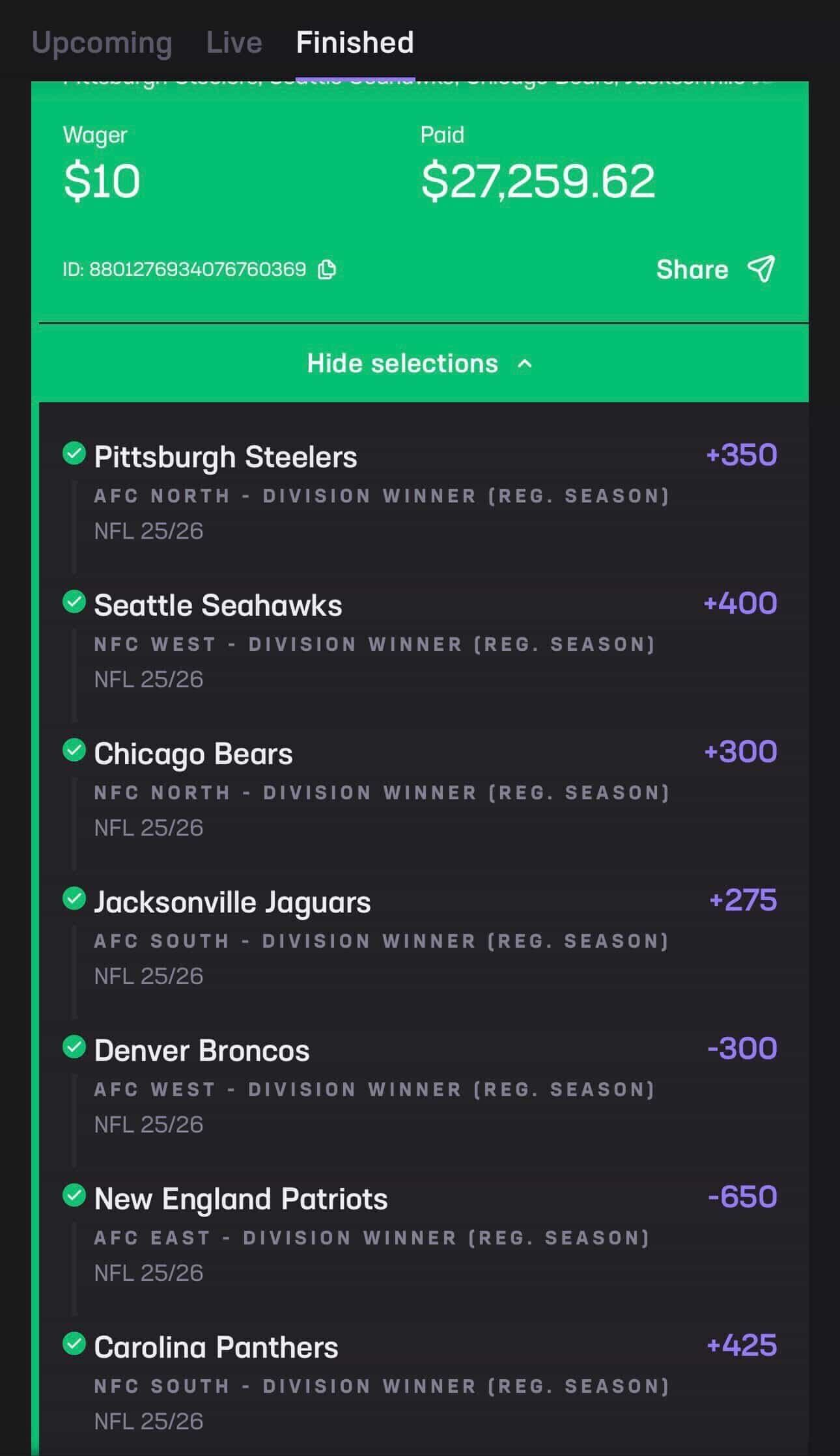 $10 Division Winner parlay