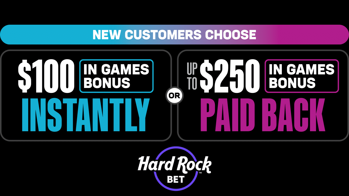 New customers choose - $100 in games bonus instantly or up to $250 in games bonus paid back